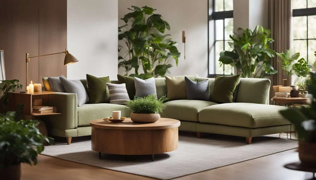Elegant living room featuring a green sofa, cozy cushions, and abundant indoor plants for a fresh, i.