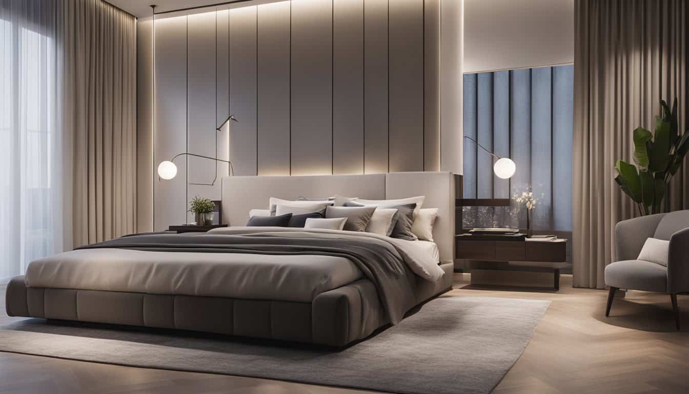 Luxurious bedroom interior with contemporary design and soft lighting.