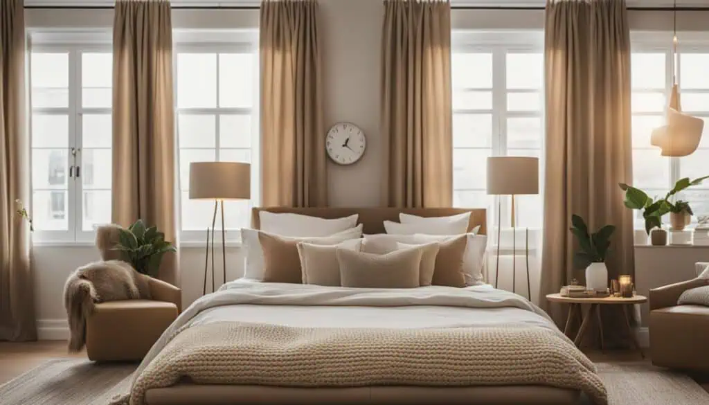 Bright bedroom with large windows, soft curtains, and stylish furnishings for a relaxing atmosphere.