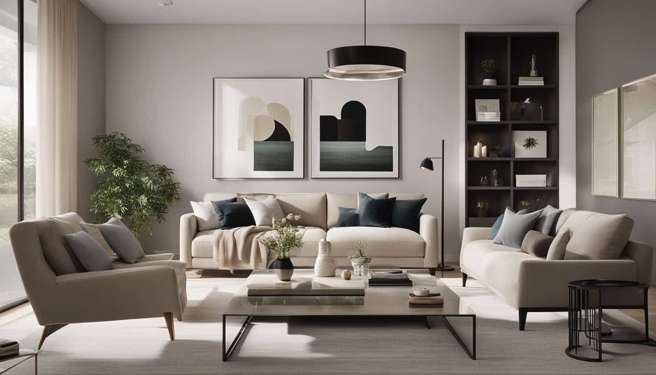 Elegant modern living room with stylish sofas, artwork, and contemporary decor.