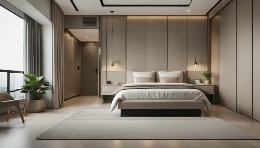 Elegant minimalist bedroom featuring neutral tones and contemporary decor for a luxurious living spa.