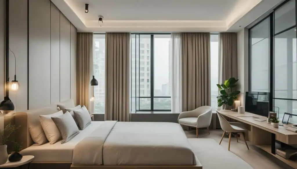 Elegant bedroom with large windows, neutral tones, and contemporary furnishings for a luxurious livi.
