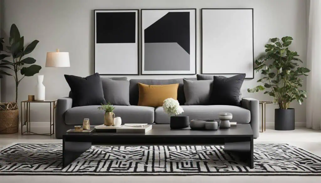 Stylish modern living room with minimalist decor and monochrome artwork.