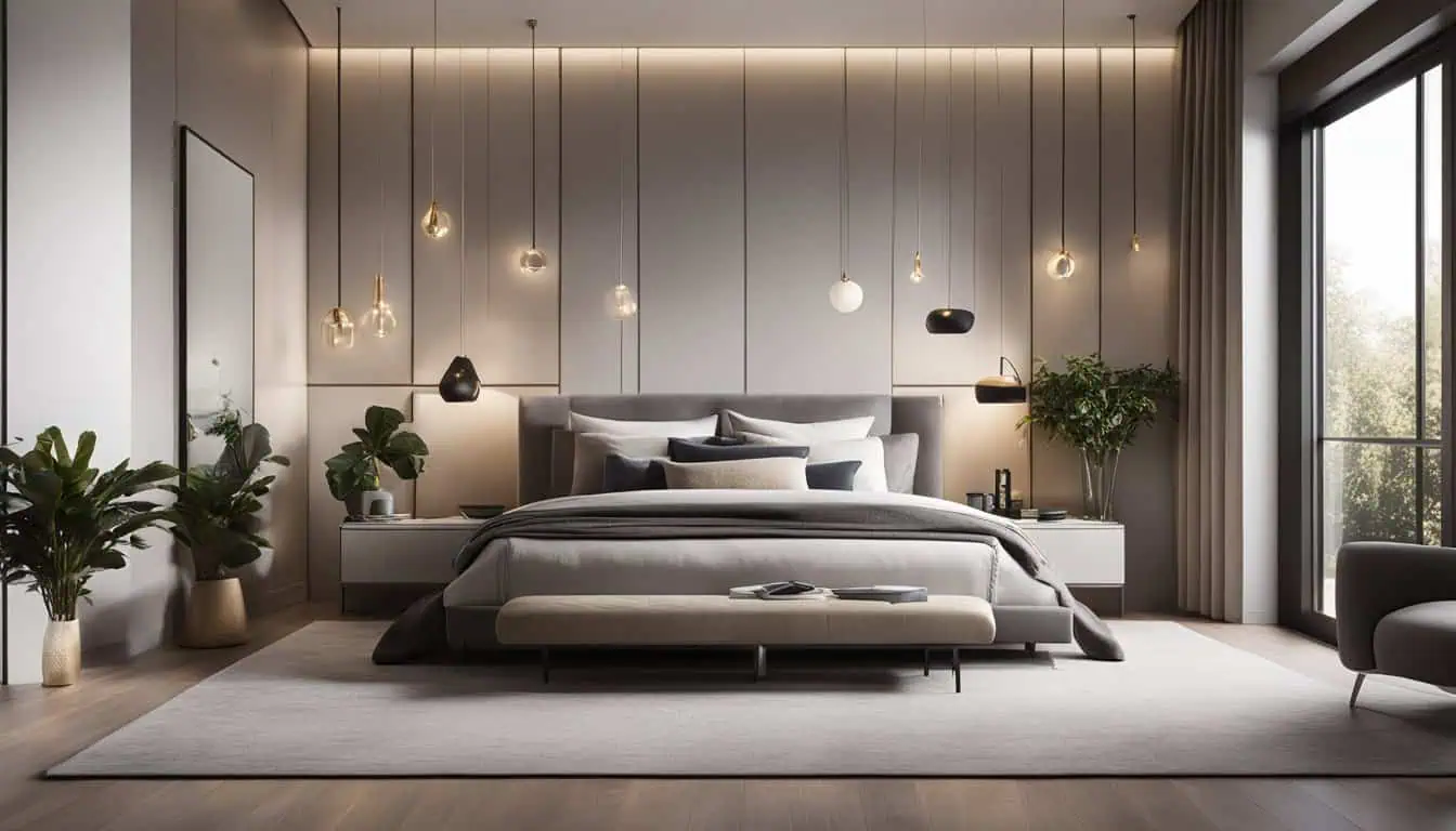 Stylish modern bedroom with sophisticated lighting and minimalist decor.