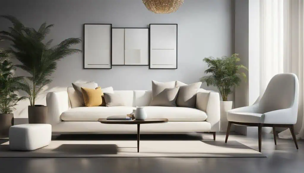 Elegant minimalist living room with neutral tones and modern decor.