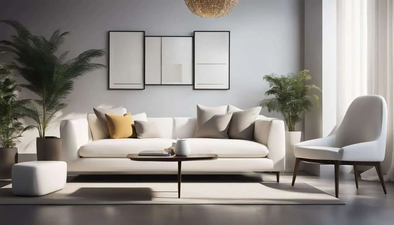 Elegant minimalist living room with neutral tones and modern decor.