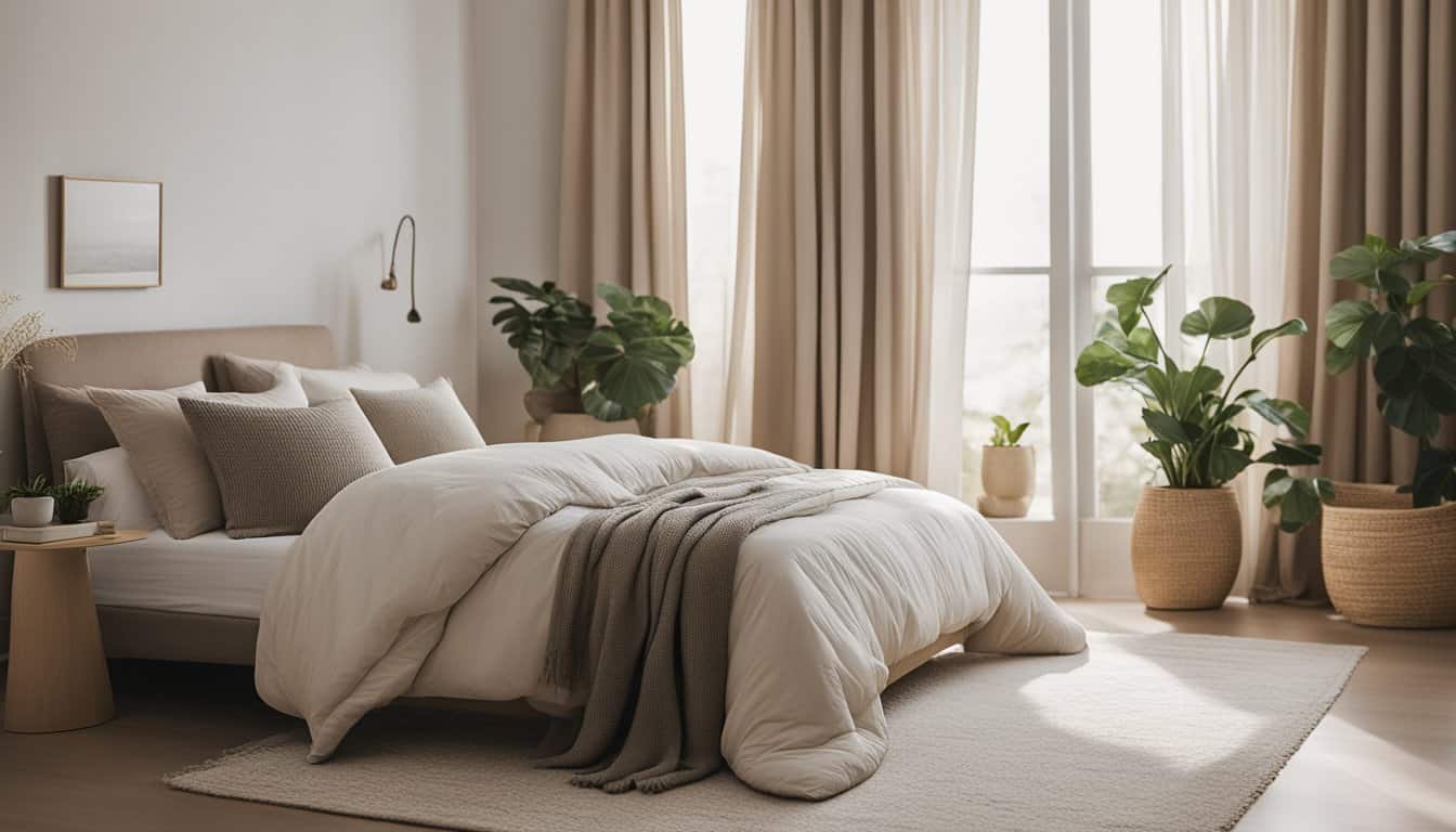 Cozy bedroom featuring neutral tones, large windows, and lush green plants for a relaxing atmosphere.