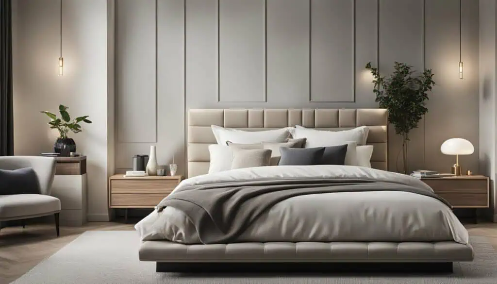 Stylish bedroom with neutral tones, plush bedding, and contemporary decor by MODE Architects Pte Ltd.