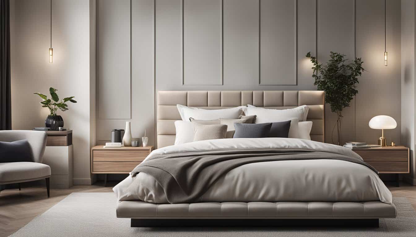 Stylish bedroom with neutral tones, plush bedding, and contemporary decor by MODE Architects Pte Ltd.