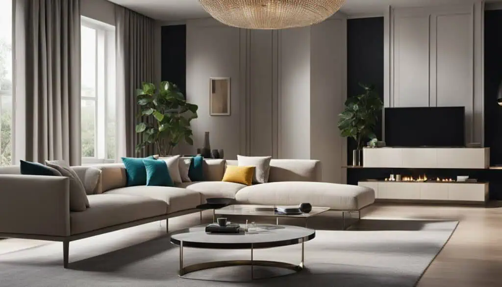Elegant modern living room with neutral tones, stylish furniture, and large windows for natural ligh.