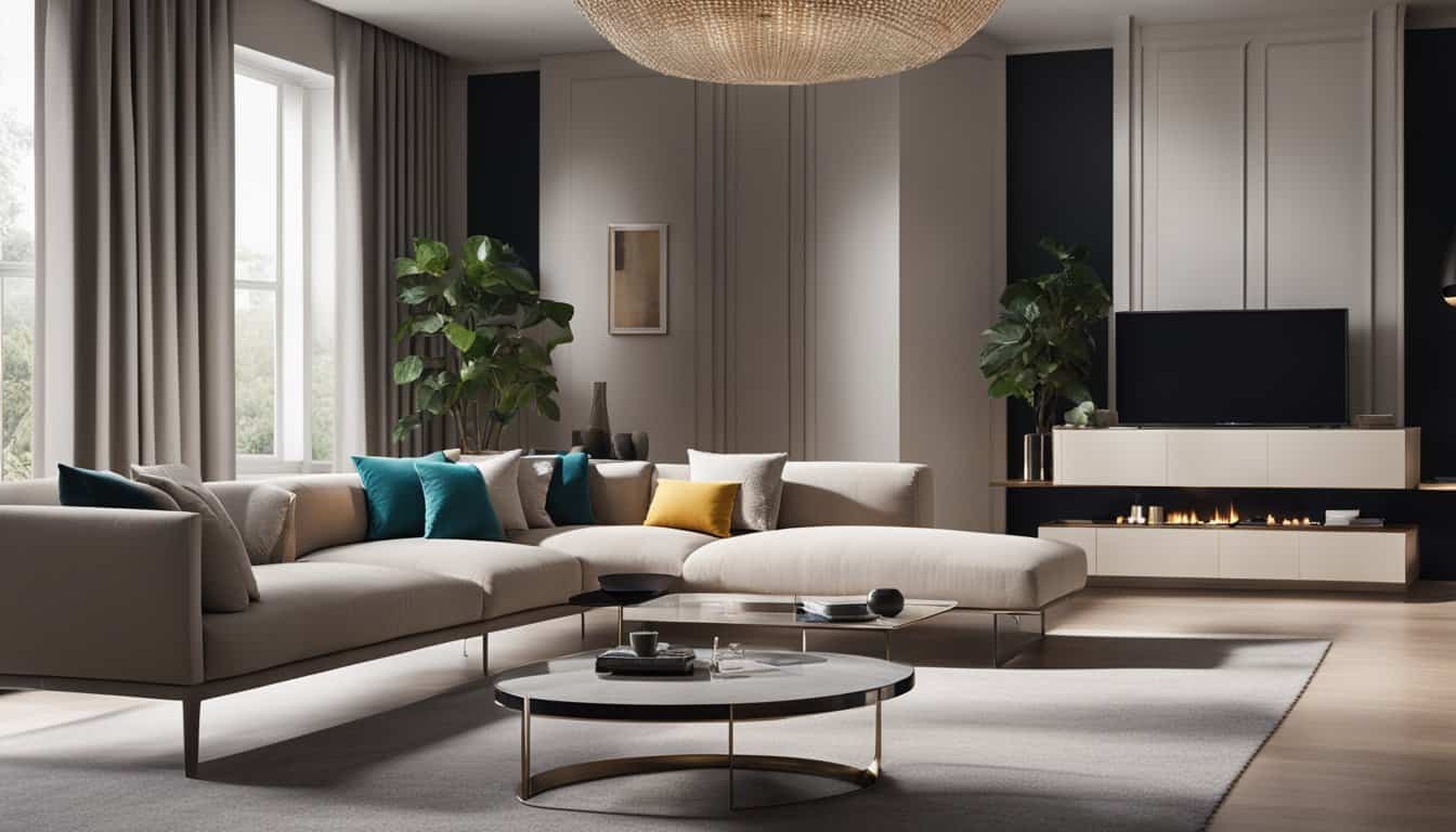 Elegant modern living room with neutral tones, stylish furniture, and large windows for natural ligh.
