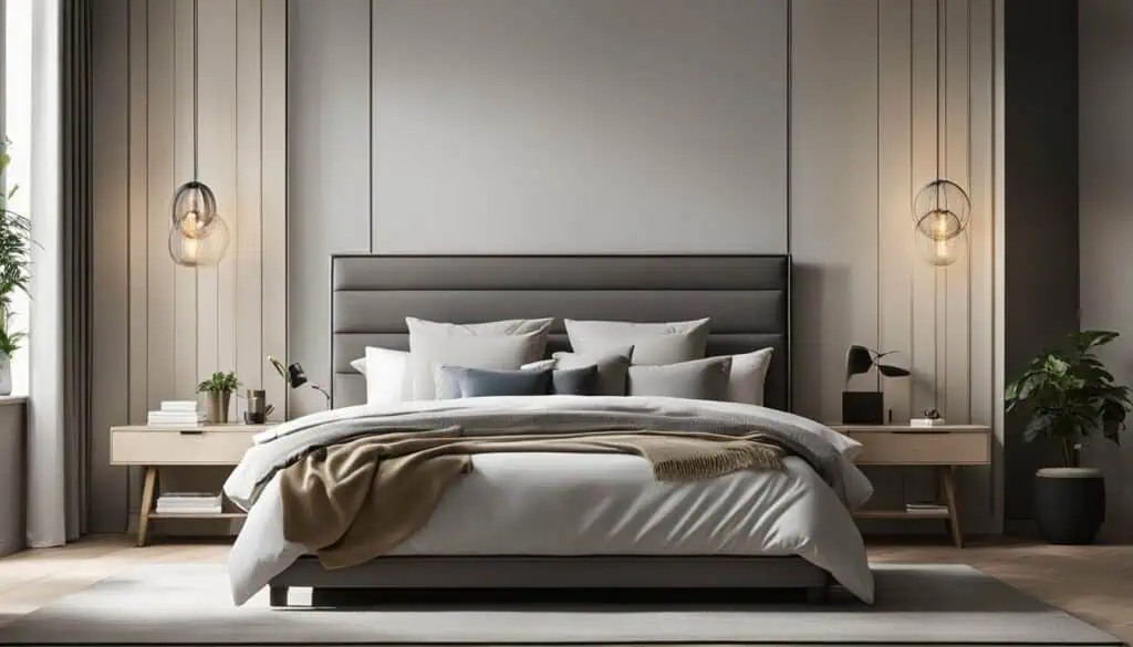 Elegant bedroom with contemporary decor, neutral tones, and stylish lighting fixtures.