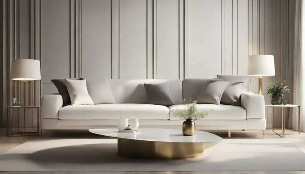 Elegant white sofa with plush cushions in a stylish living room setting.