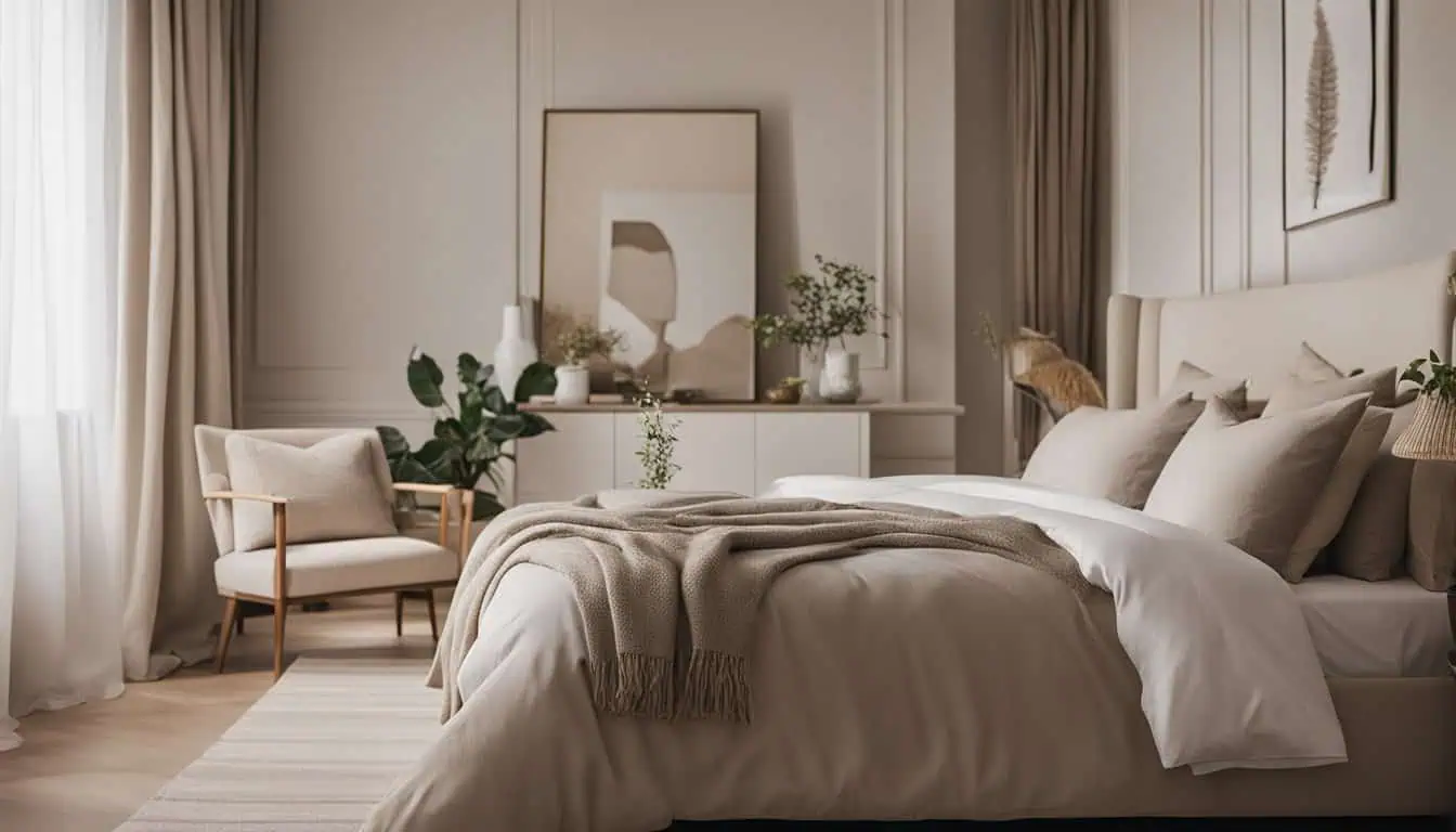 Elegant bedroom with neutral tones, modern decor, and natural light.