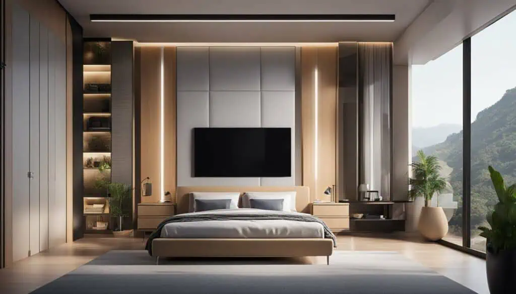 Elegant bedroom with contemporary decor and large windows showcasing mountain scenery.