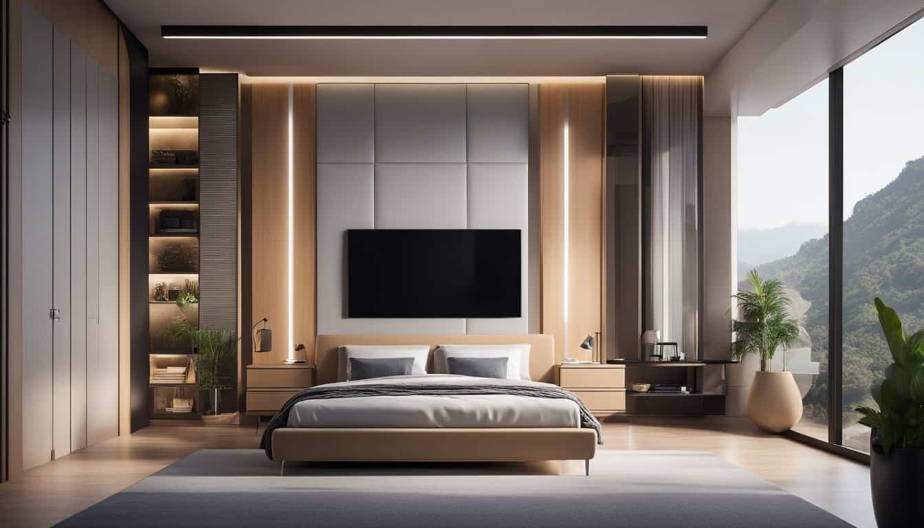 Elegant bedroom with contemporary decor and large windows showcasing mountain scenery.