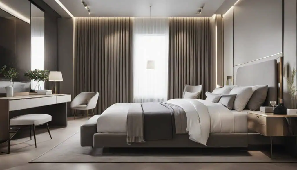 Luxurious bedroom interior featuring contemporary design, soft lighting, and cozy ambiance.