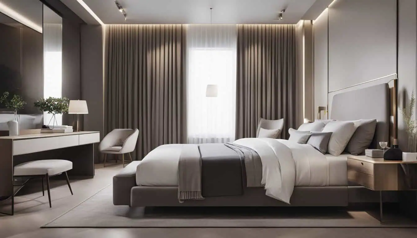 Luxurious bedroom interior featuring contemporary design, soft lighting, and cozy ambiance.