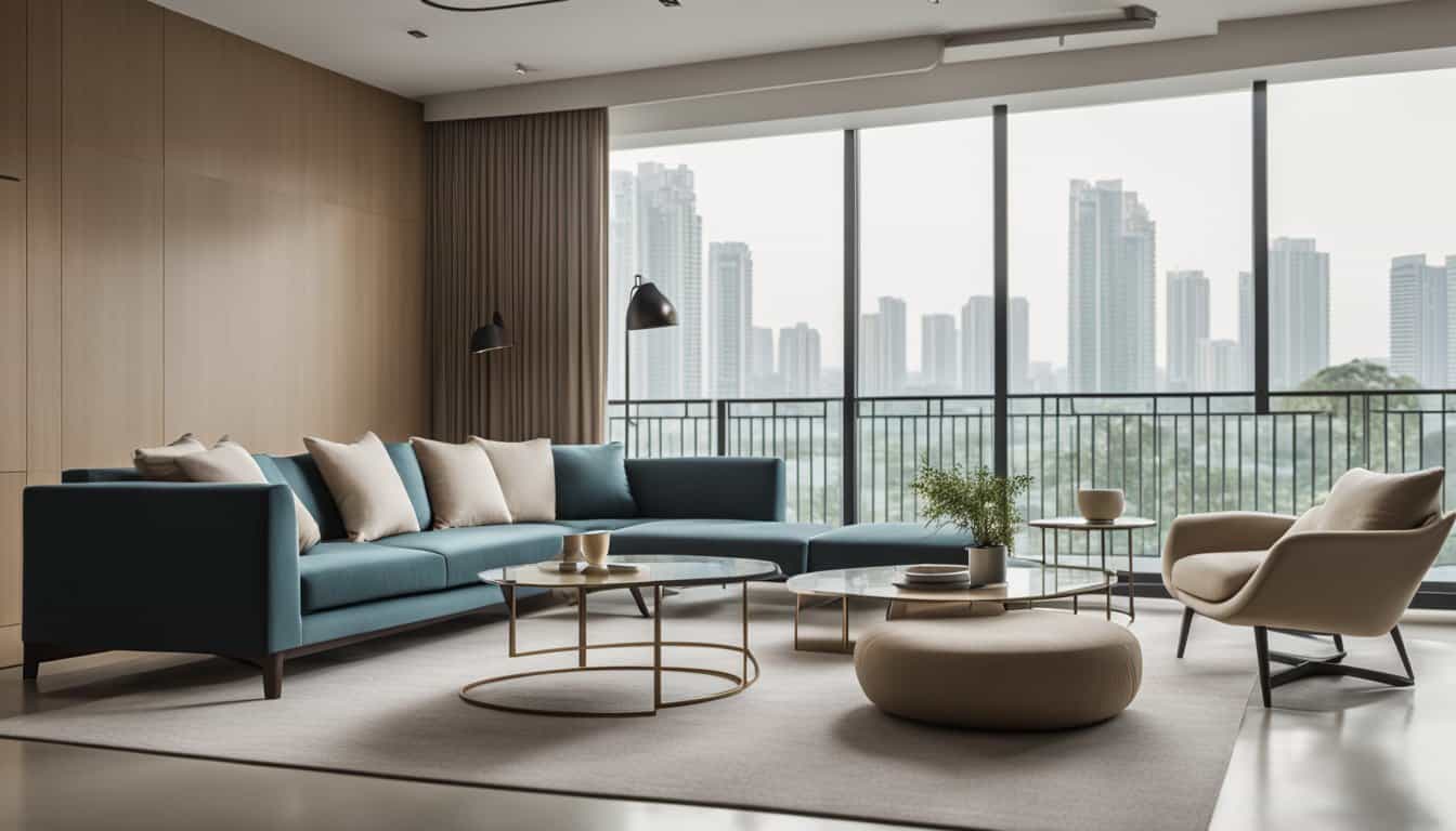 Elegant living room with large windows showcasing urban skyline and contemporary furniture.
