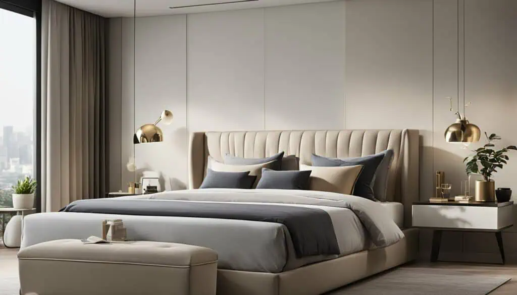 Elegant bedroom featuring contemporary design, plush bedding, and stylish lighting for a luxurious a.
