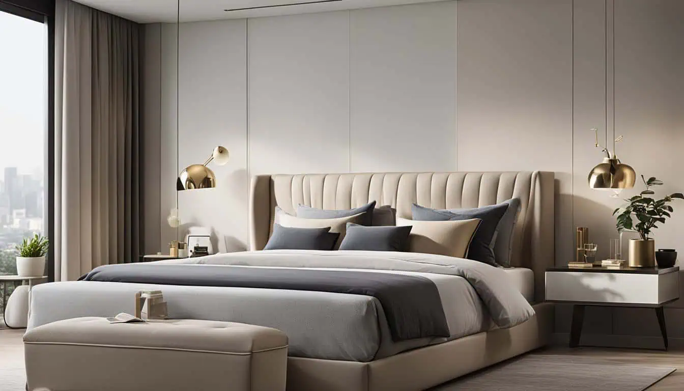 Elegant bedroom featuring contemporary design, plush bedding, and stylish lighting for a luxurious a.