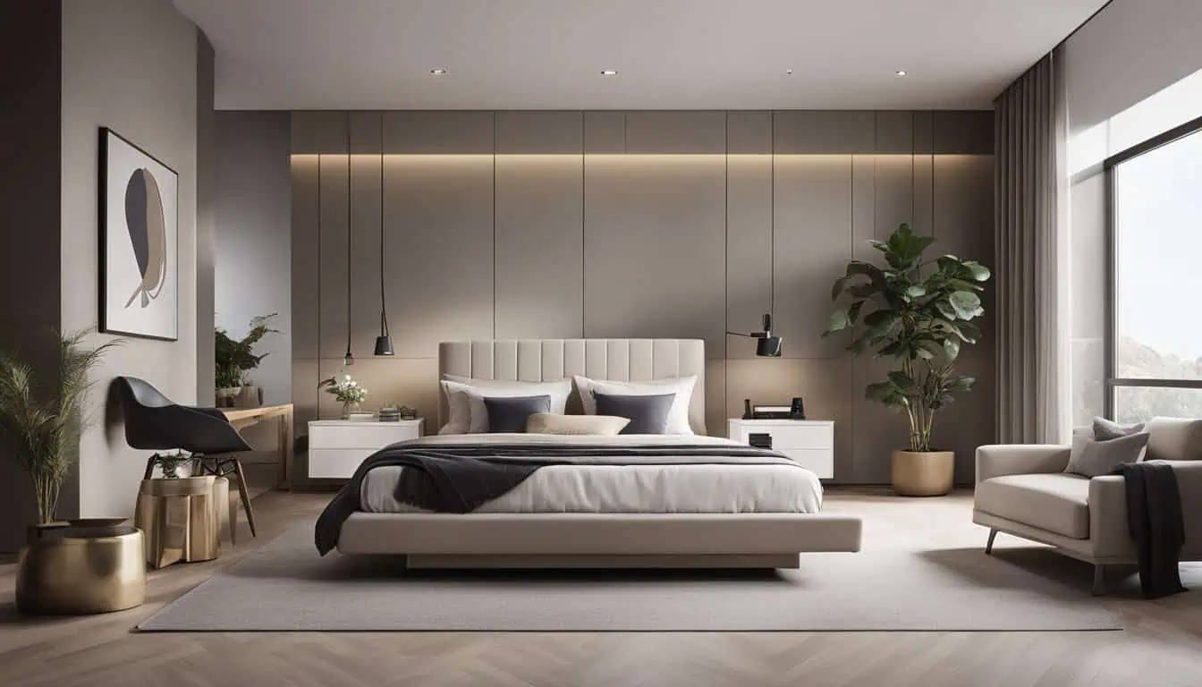 Elegant modern bedroom with minimalist decor and natural lighting.