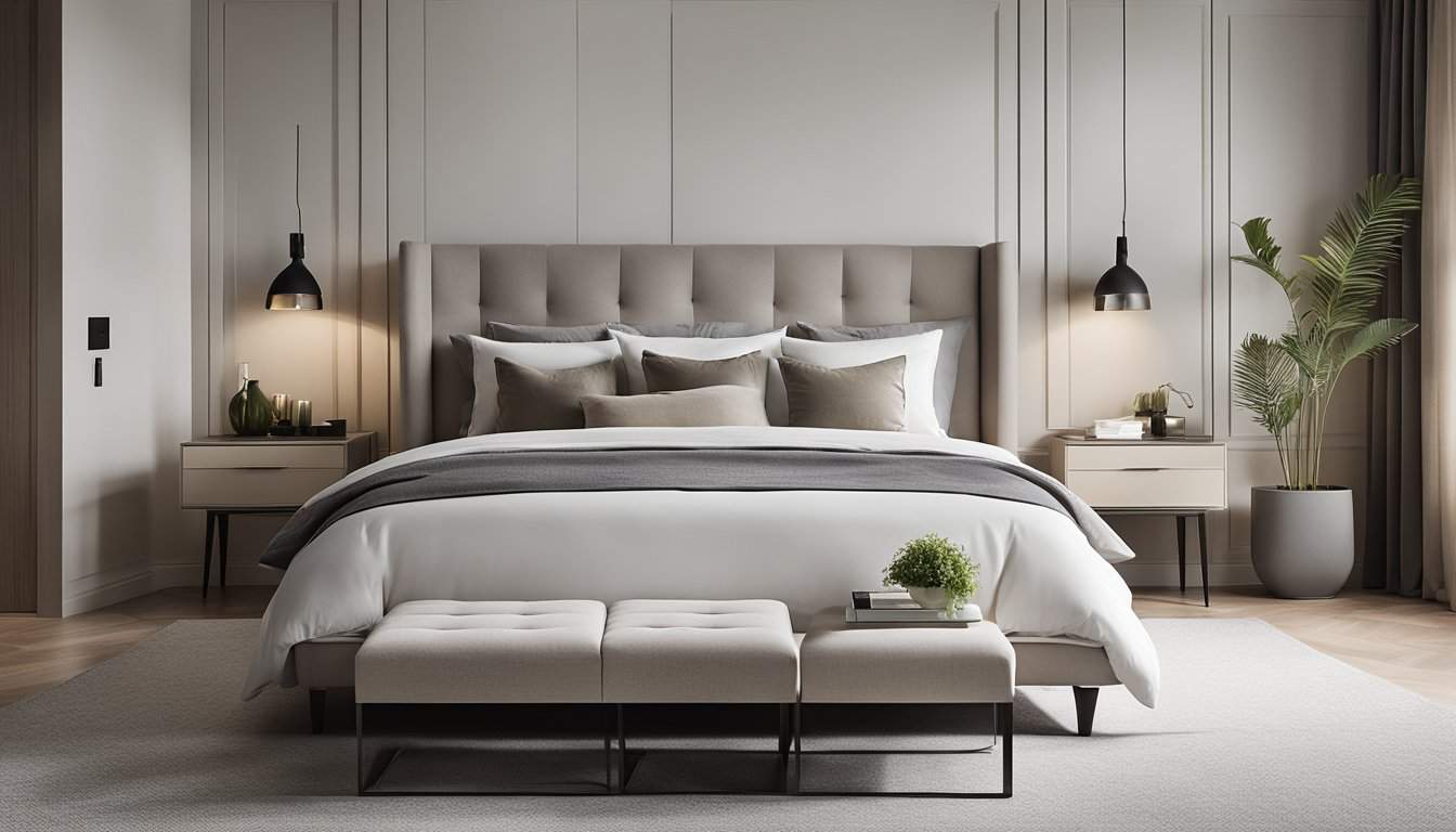 Elegant bedroom with modern decor, neutral tones, and stylish lighting fixtures.