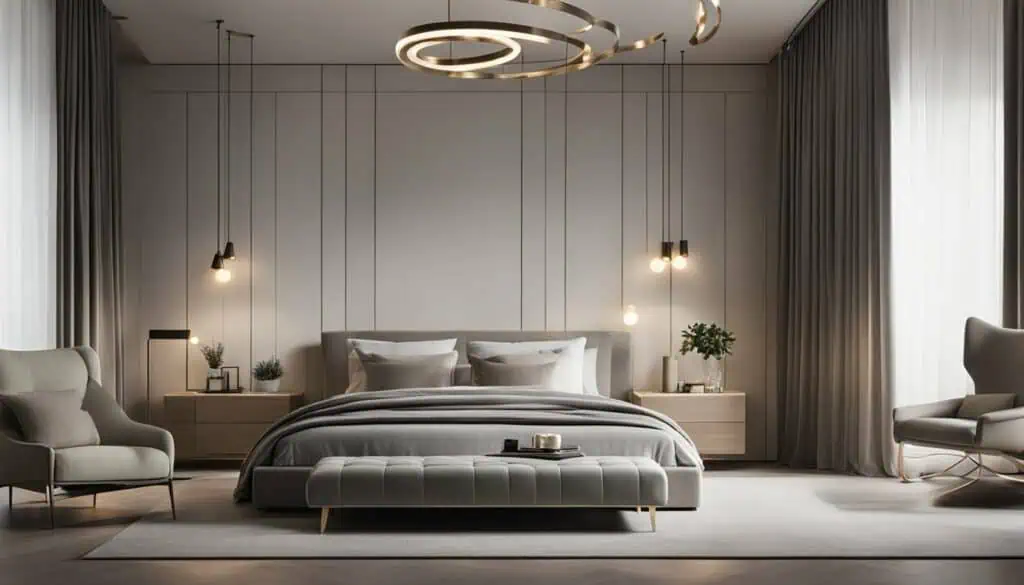 Stylish bedroom with contemporary decor, neutral tones, and ambient lighting, showcasing luxurious a.