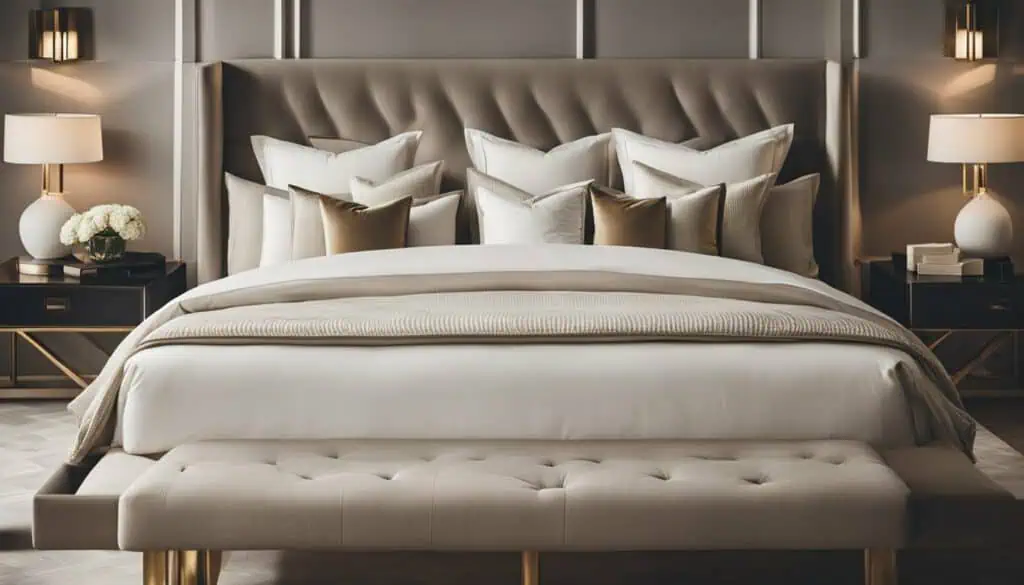 Luxurious bedroom with plush bedding, stylish decor, and ambient lighting.