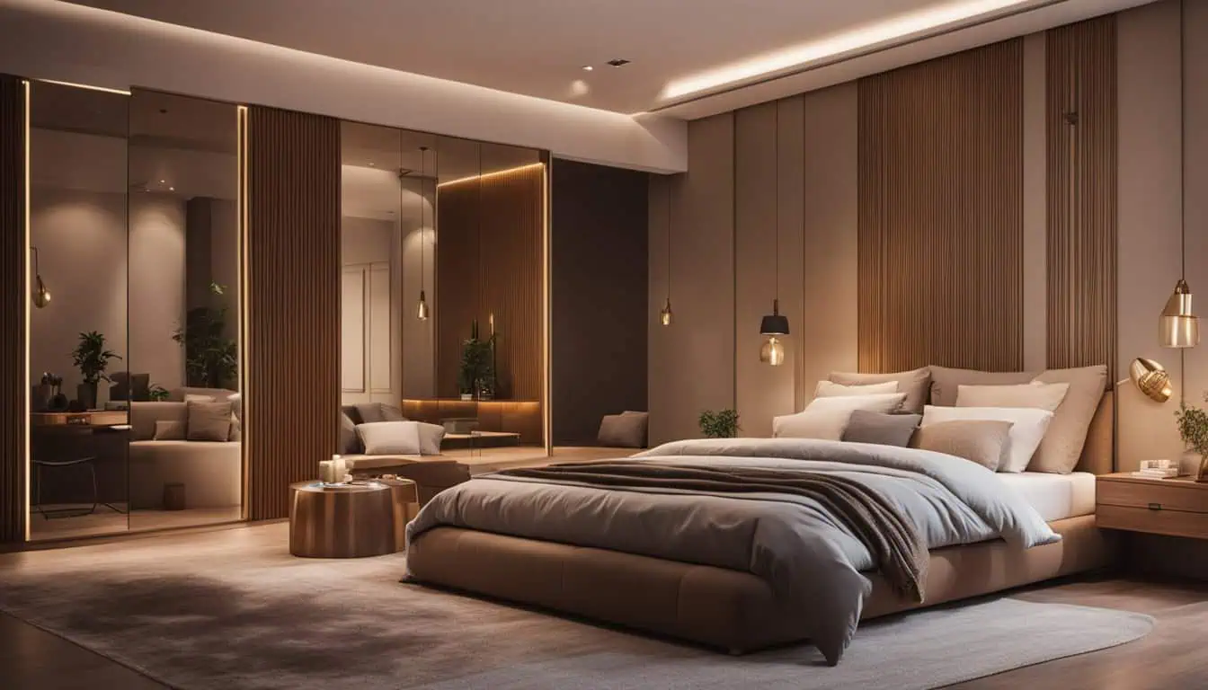 Elegant modern bedroom featuring stylish furniture and warm lighting for a relaxing retreat.