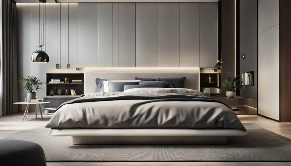 Elegant bedroom interior showcasing contemporary design and cozy atmosphere.