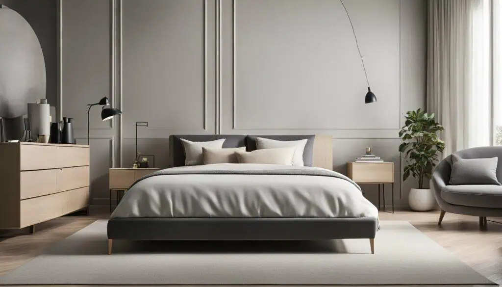 Contemporary bedroom with minimalist decor, neutral tones, and stylish furniture.