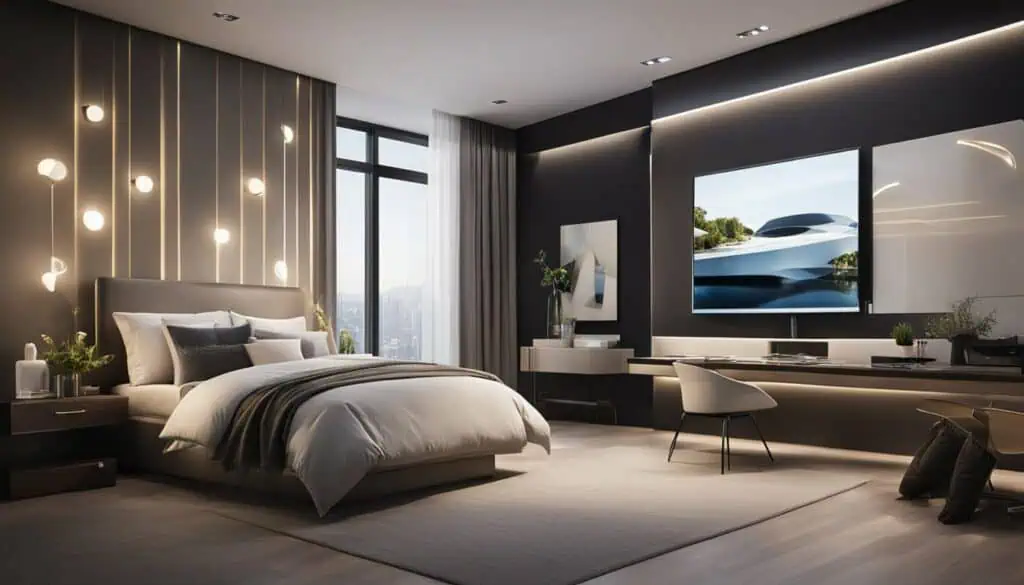 Luxurious bedroom interior featuring contemporary decor and large windows.