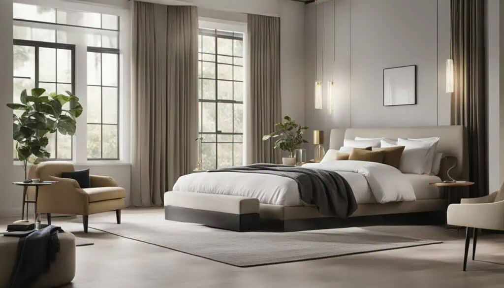 Spacious bedroom with large windows, neutral tones, and contemporary furniture for a luxurious feel.