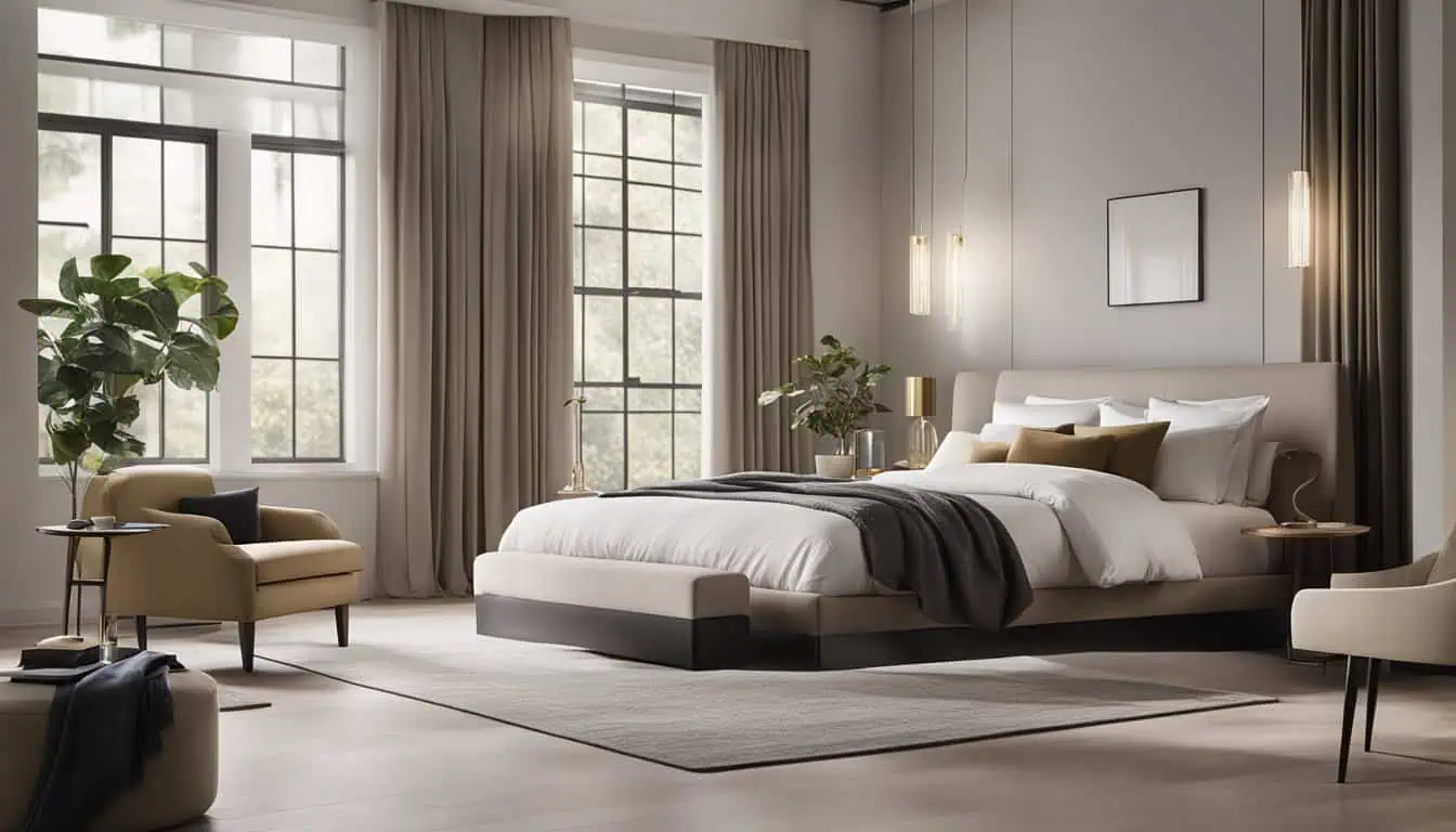 Spacious bedroom with large windows, neutral tones, and contemporary furniture for a luxurious feel.
