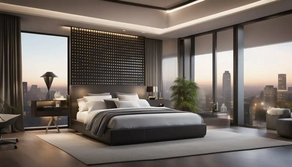 Modern luxury bedroom with city skyline views and elegant decor.