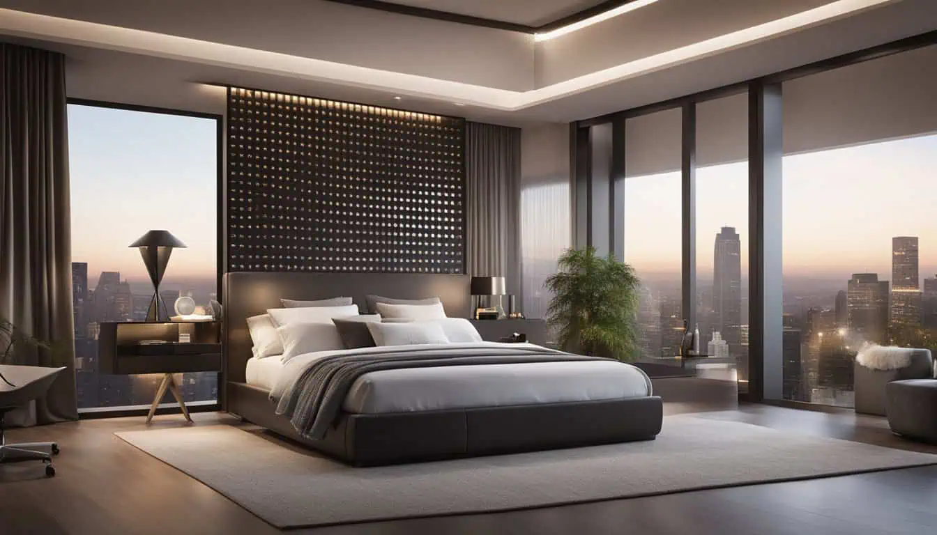 Modern luxury bedroom with city skyline views and elegant decor.