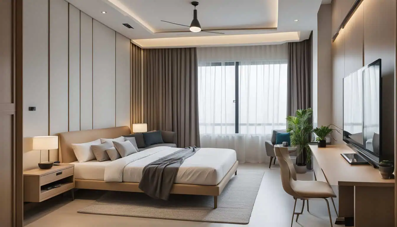 Luxurious hotel room featuring a comfortable bed, elegant decor, and a spacious window with curtains.