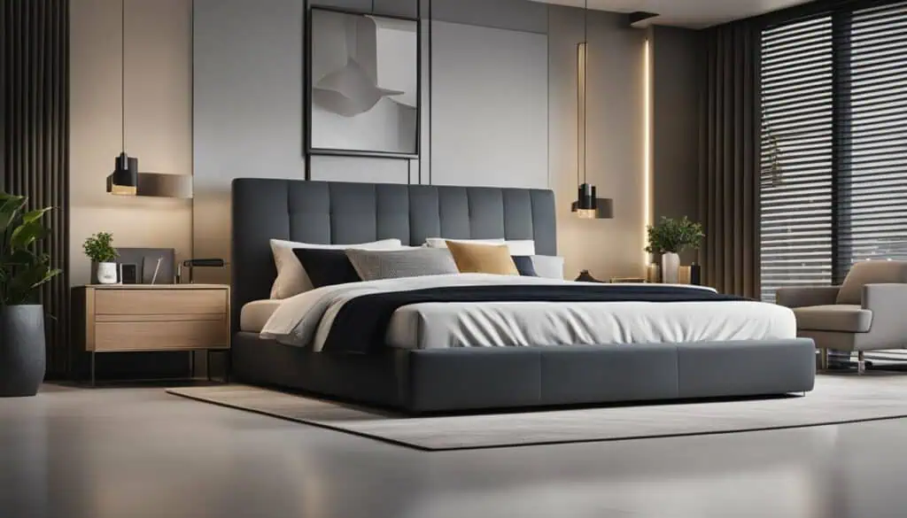 Elegant bedroom interior with minimalist furniture and stylish lighting.