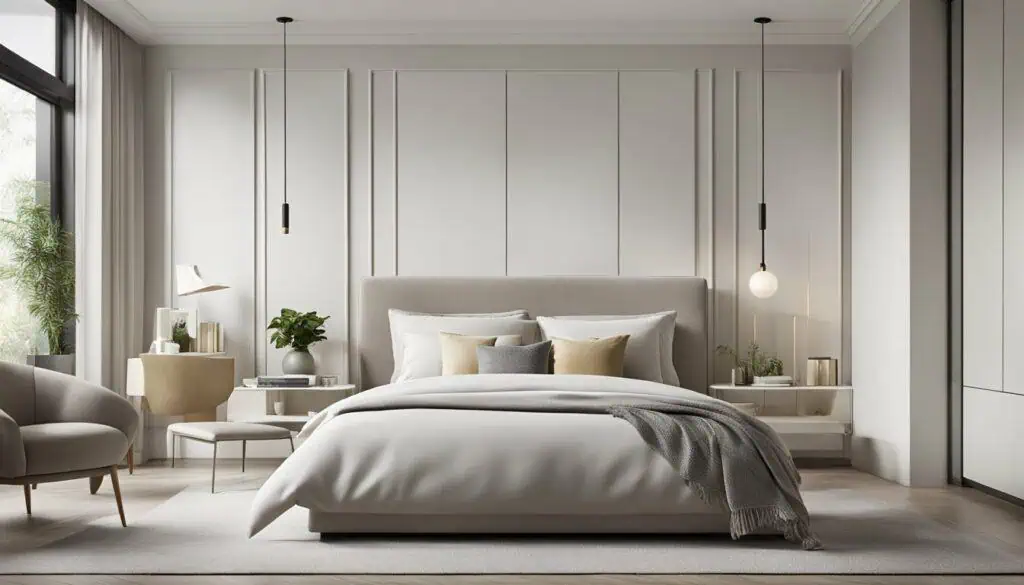 Modern bedroom interior with sleek design, soft lighting, and cozy ambiance.