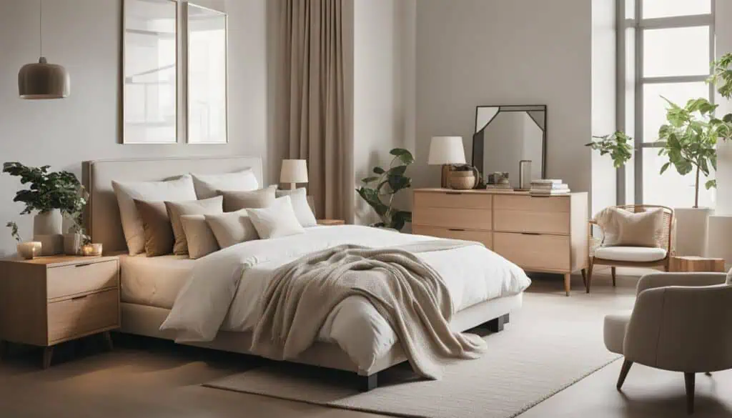 Elegant bedroom interior with neutral tones, plush bedding, and large windows for a bright, welcomin.