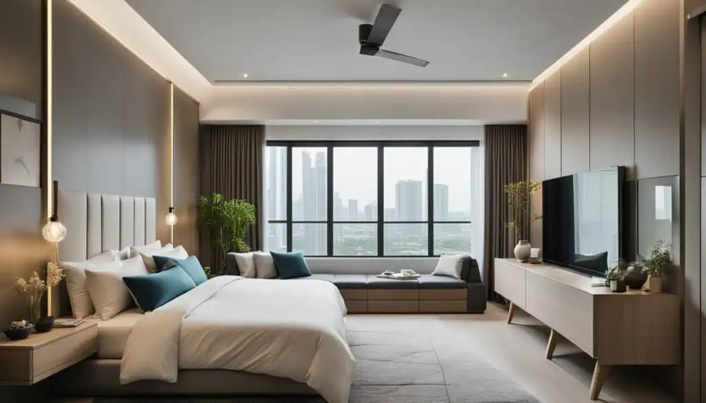 Elegant bedroom with city skyline view, modern furnishings, and cozy ambiance.
