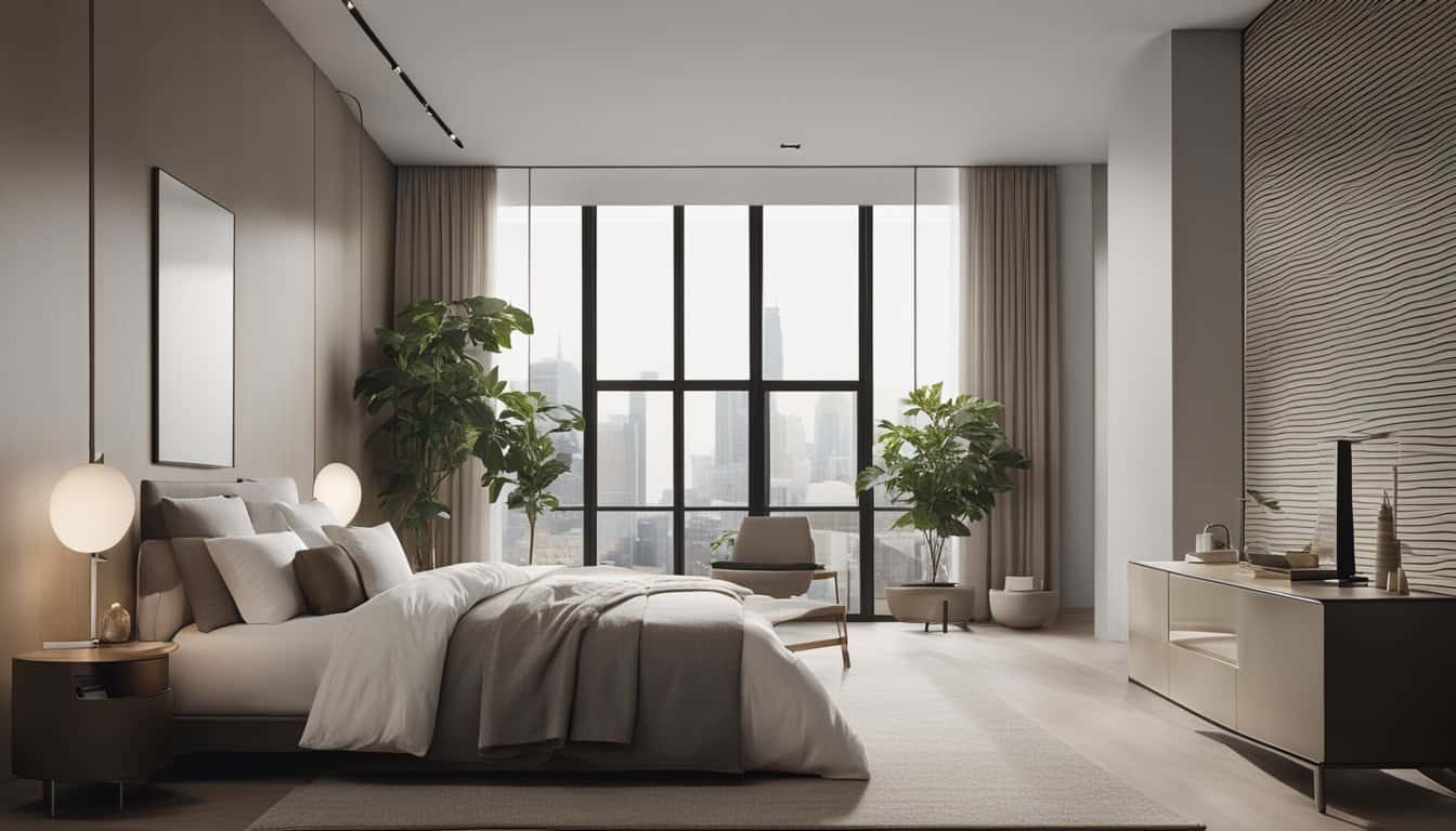 Spacious bedroom featuring large windows, contemporary furniture, and natural light for a luxurious.