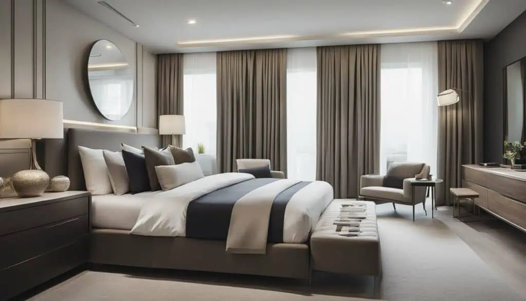 Bright and spacious bedroom featuring contemporary design, soft neutral tones, and large windows for.