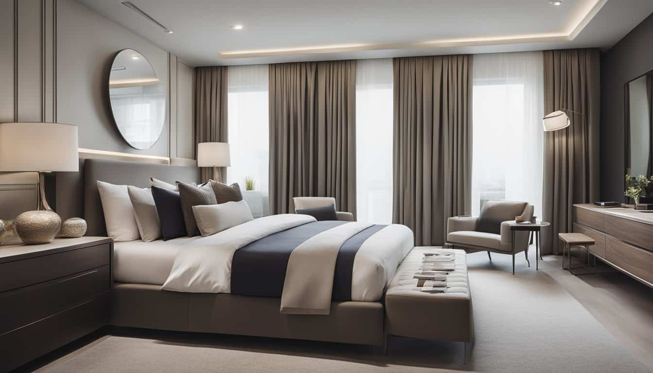 Bright and spacious bedroom featuring contemporary design, soft neutral tones, and large windows for.