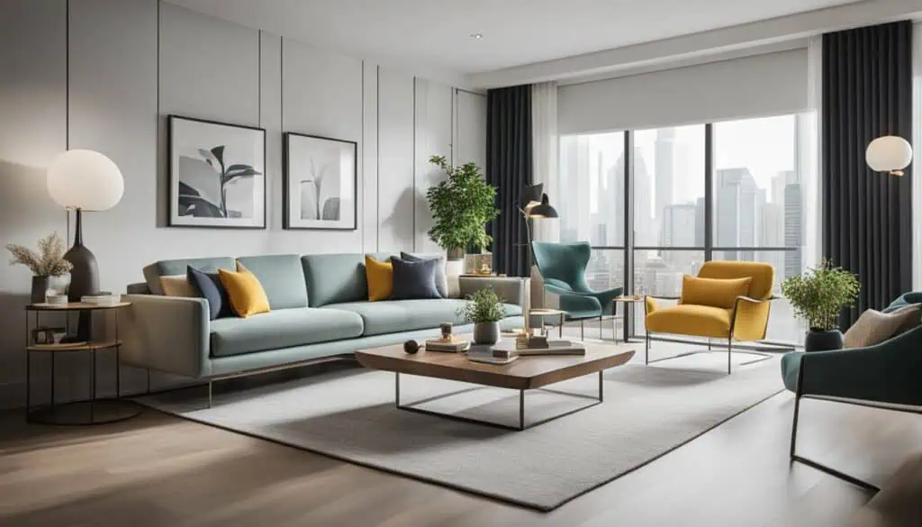 Modern living room with stylish furniture and city views in Wondrous La Vie.