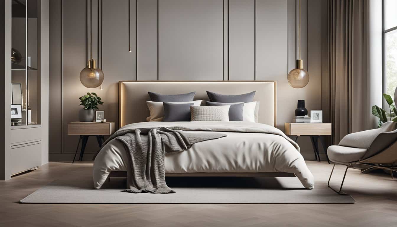 Elegant modern bedroom with neutral tones and stylish decor.