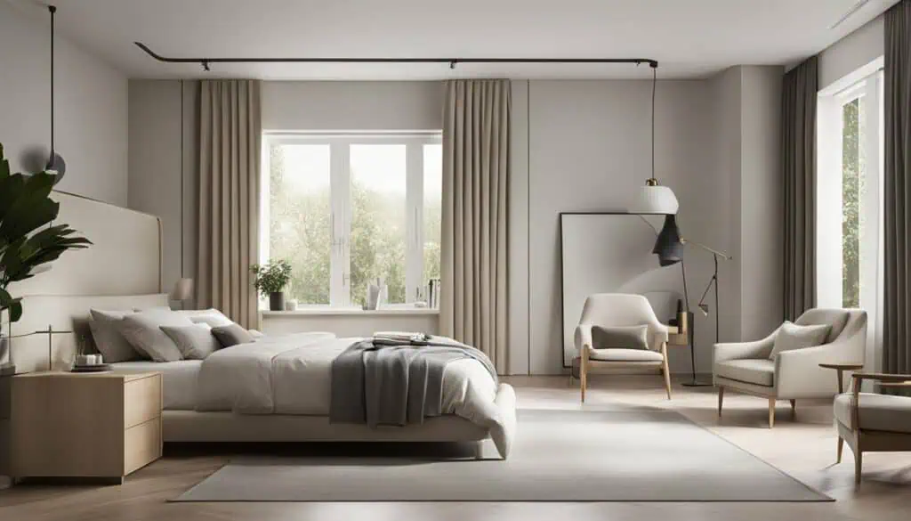 Modern bedroom with minimalist design, neutral tones, and large windows.