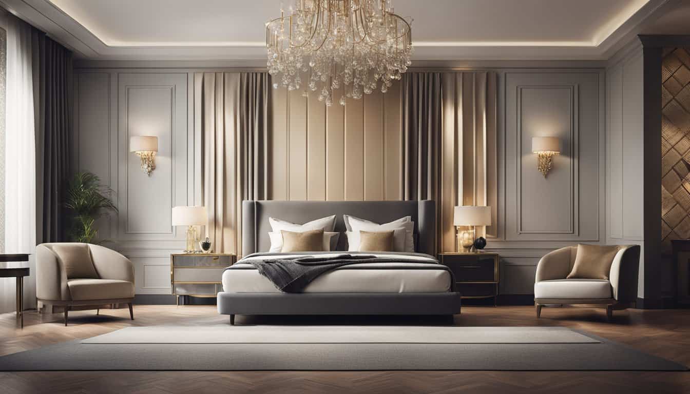Luxurious bedroom design with sophisticated decor and ambient lighting.