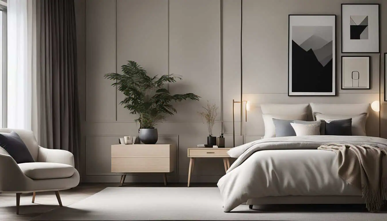 Elegant bedroom interior with minimalist decor and neutral tones.